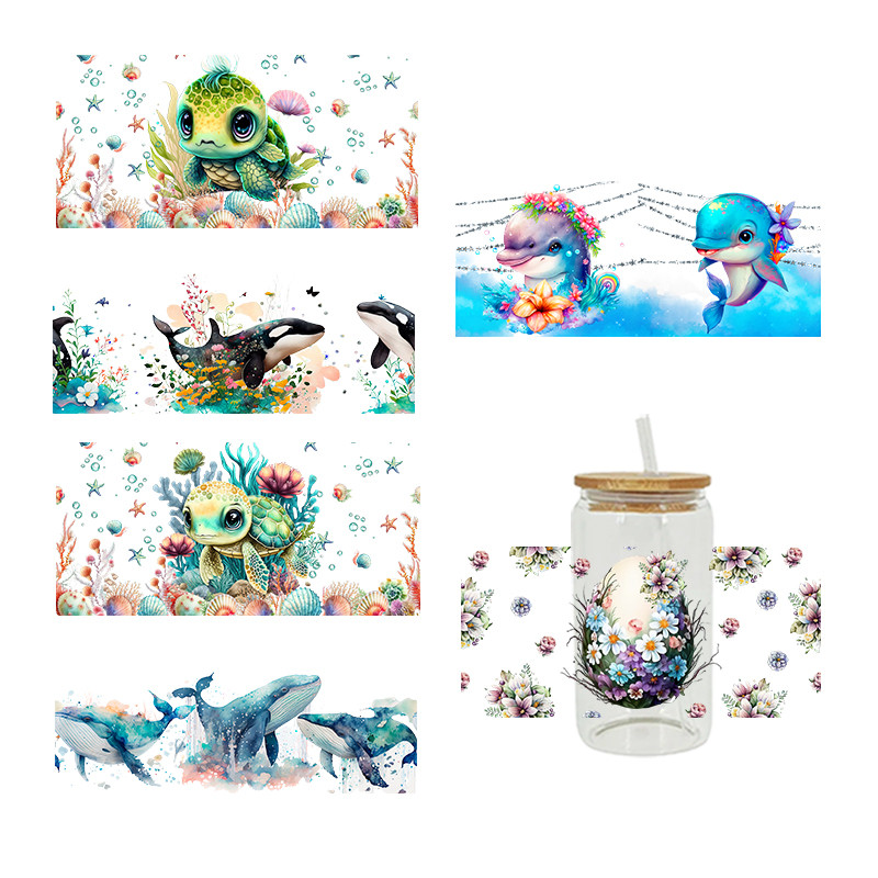 

UV DTF Transfer Sticker Cute Dolphin Turtle Design For The 16oz Libbey Glasses Wraps Bottles Cup Sticker DIY Waterproof D1969