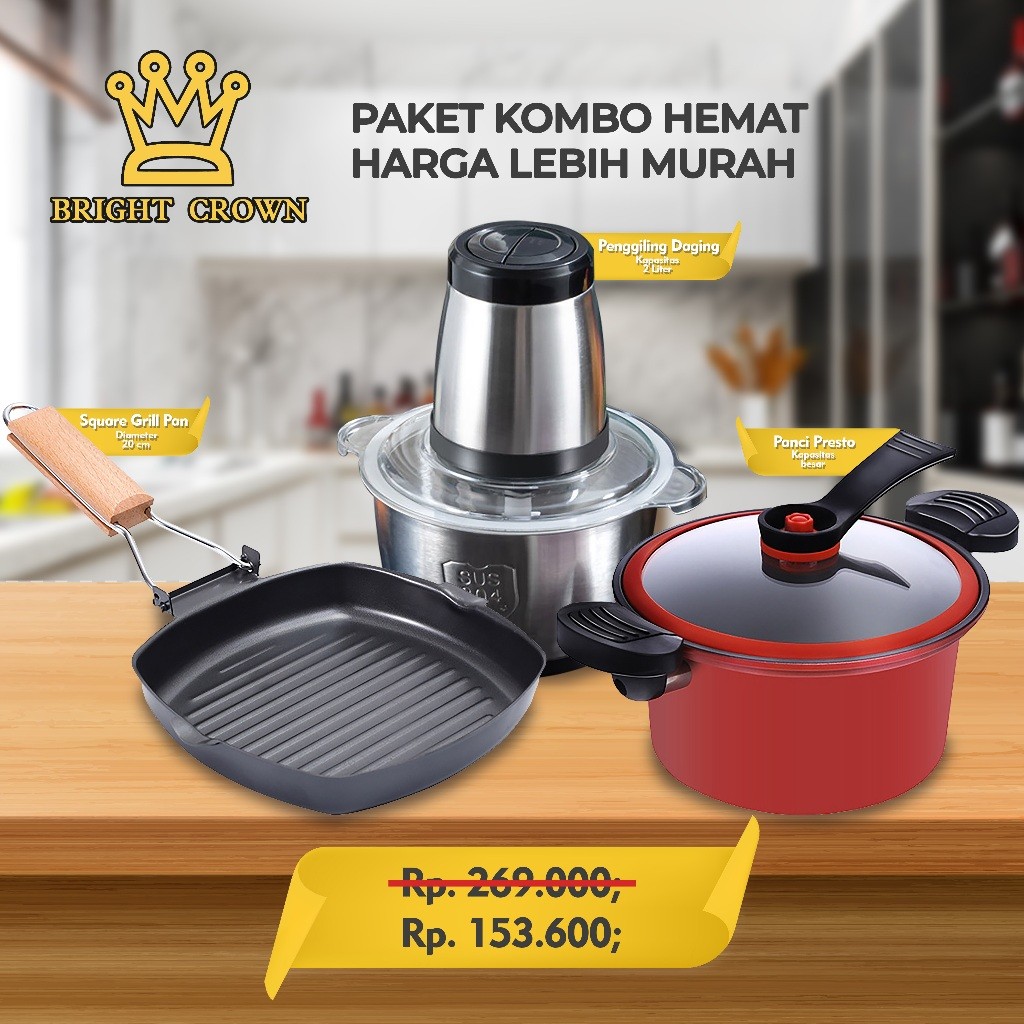 hj74rg Bright Crown LEBIH HEMAT Panci Panggang Square Grill Pan BBQ + Chopper 2L +  Panci Presto Pot
