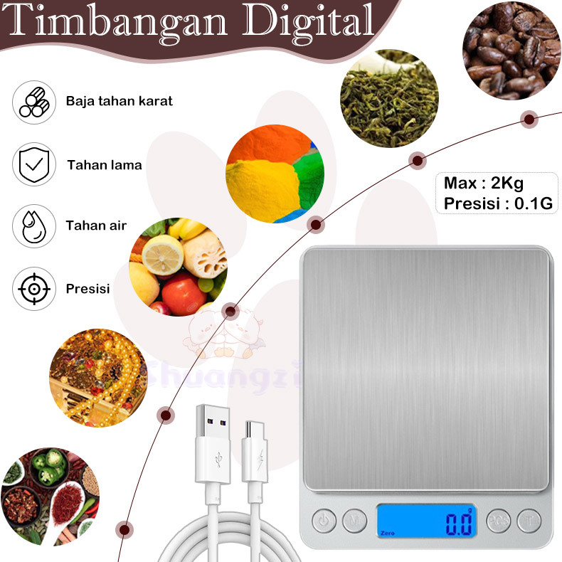 Kitchen Timbangan Elektronik Kecil Pengisian Daya USB Timbangan Dapur Digital Silver Hitam 3kg/1g