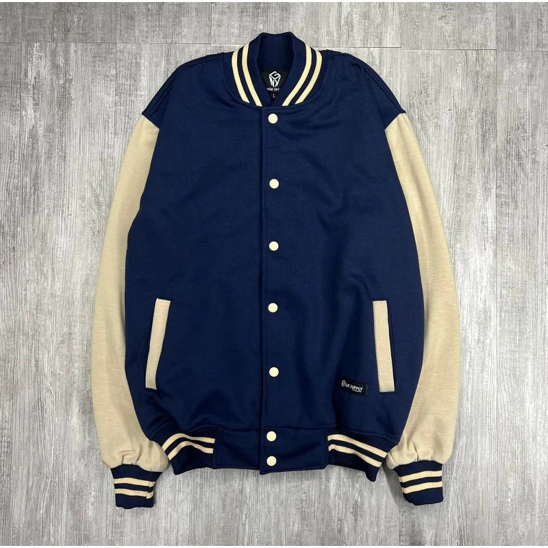 Jaket Varsity Polos Pria Wanita Jacket Baseball Basic Navy Cream Size M-XXL Unisex Terbaru Terlaris