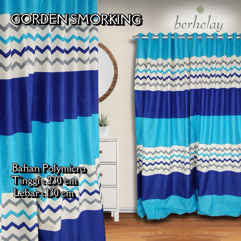 KLIMAUSHOP Gorden Smokring Polymicro Pintu Atau Jendela Motif Abstrak Minimalis Zigzag Zig Zag Biru