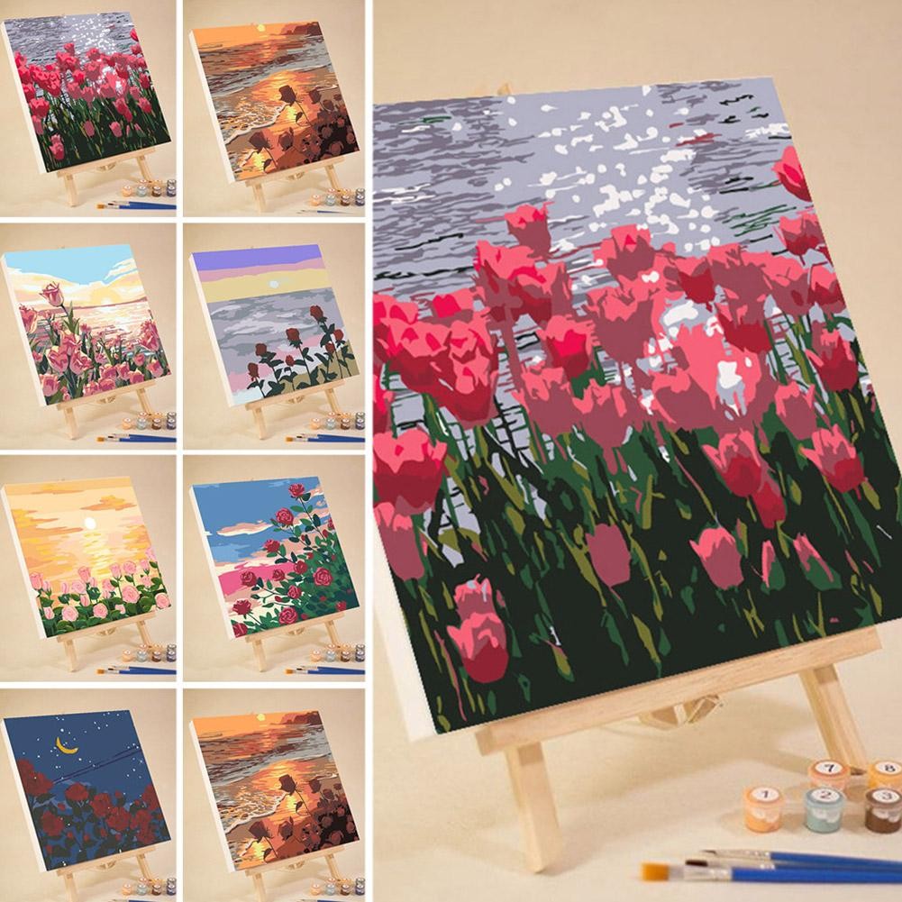 

DIY Digital Oil Painting For Rose Flower Hand Painted Oil Painting Coloring by Numbers Acrylic Drawing Modern Wall Home Decor