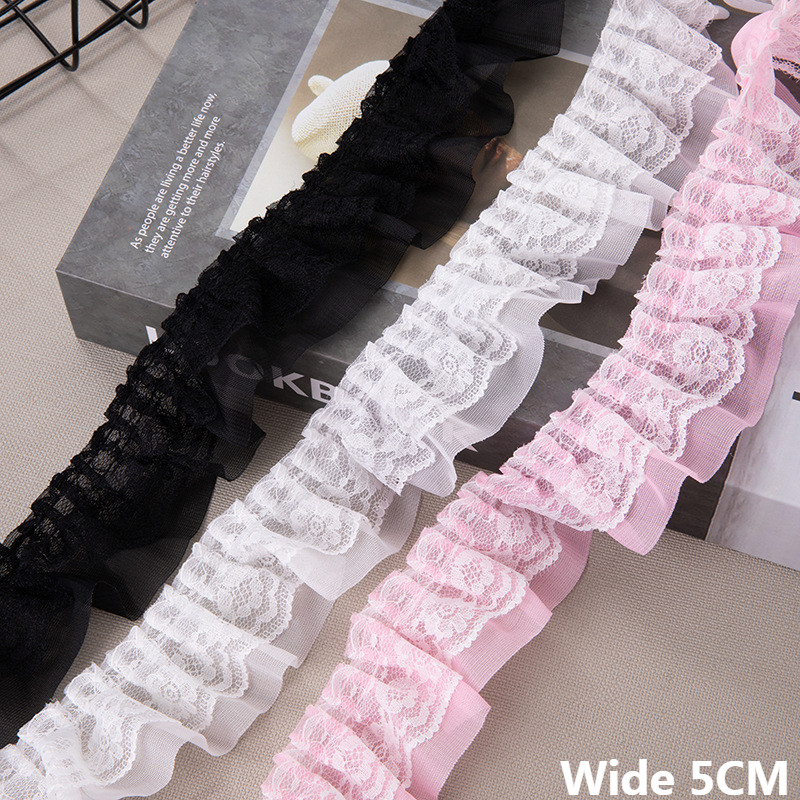 

5CM Wide Double Layers 3d Pleated Chiffon Fabric Frilled Needlework Ribbon Dress Collar Ruffle Trim DIY Clothing Sewing Decor