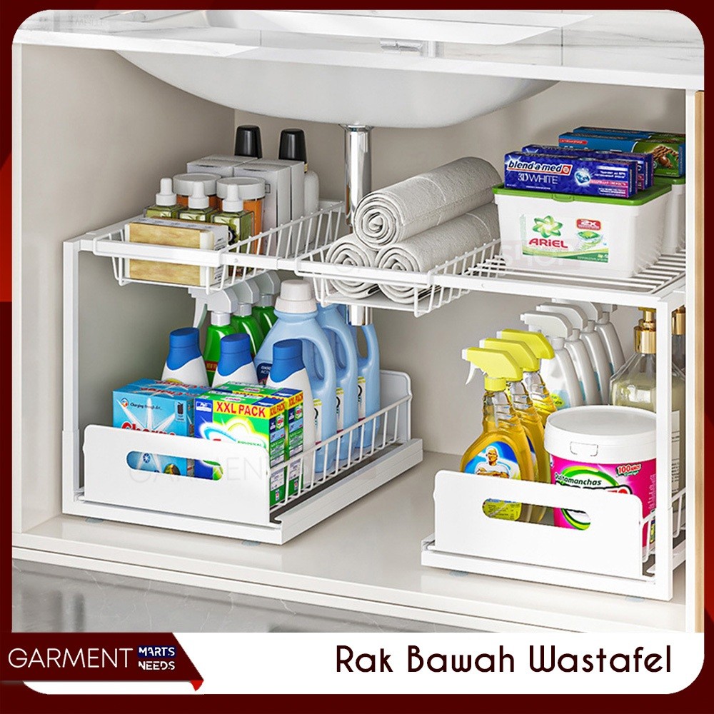 Rak Bawah Wastafel Dapur Kamar Mandi 2 Tingkat Sliding Laci Penyimpan Sabun Bumbu Multifungsi