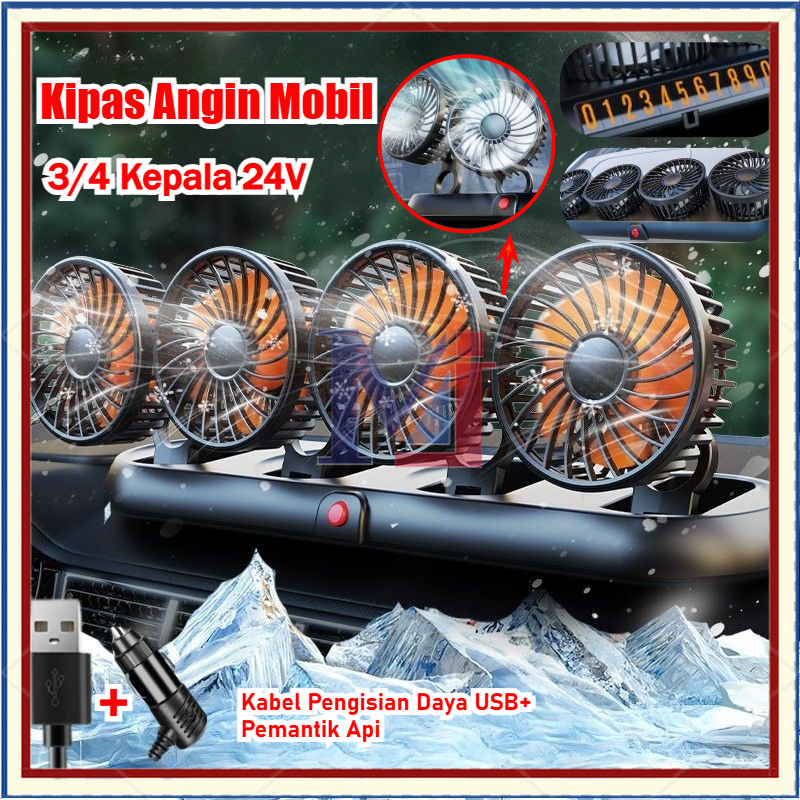 【COD】Kipas Angin Mobil 3/4 Kepala 24V USB Charger Jumbo Portable Pendingin Cepat Seperti AC Untuk Mo