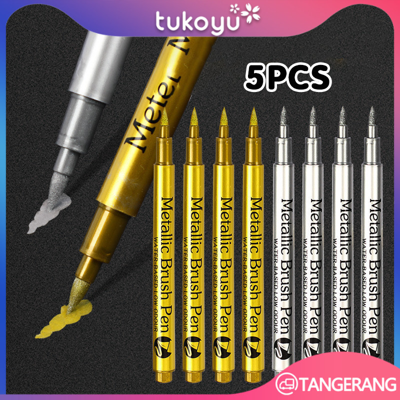 

5pcs Set Spidol Metalik Premium Pena Tinta Emas Perak Permanen Untuk Scrapbook Craft Dan Seni Tidak Pudar Cepat Kering
