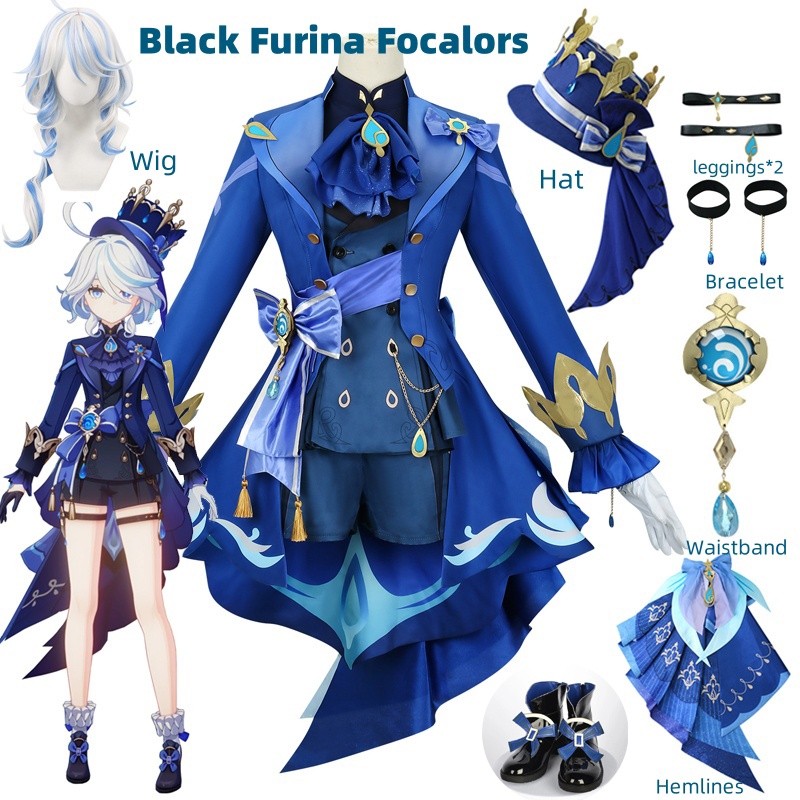 Furina Cosplay Costume Wig Hair Impact Fontaine Focalors with Hat Black Suits High Heel Cosplay Shoe