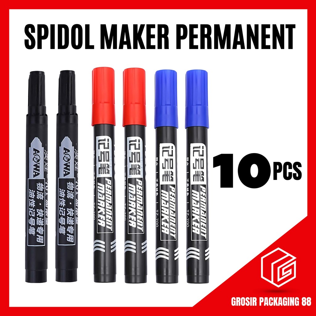 

10 PCS Spidol Permanent Marker Hitam Merah Biru Tinta Refillable ATK Bukan Snowman