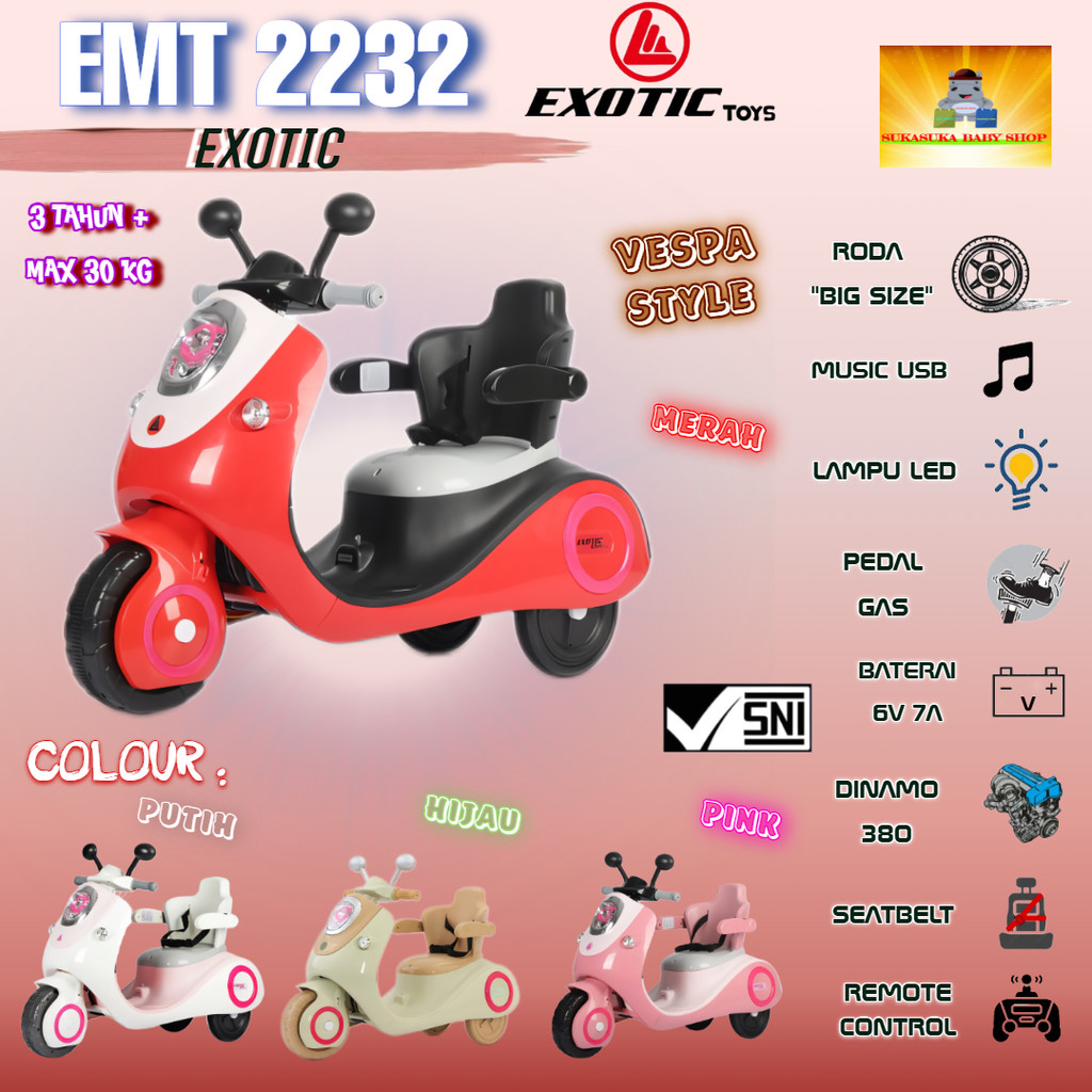 Mainan Motor Aki Anak Exotic EMT 2232 Model VESPA Remote Control Music USB Ada Pengaman Samping