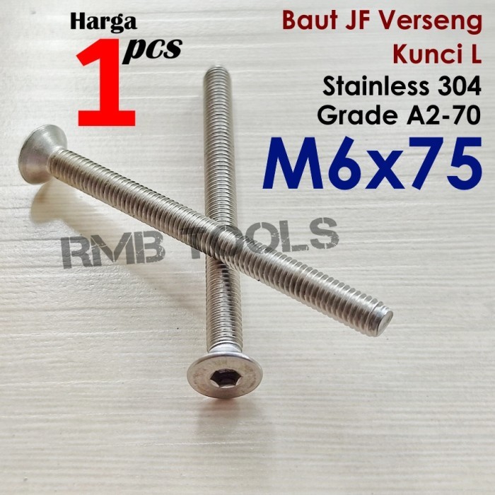 Baut JF Kunci L M6 x 75 Stainless 304 Verseng Countersunk A2-70 M6