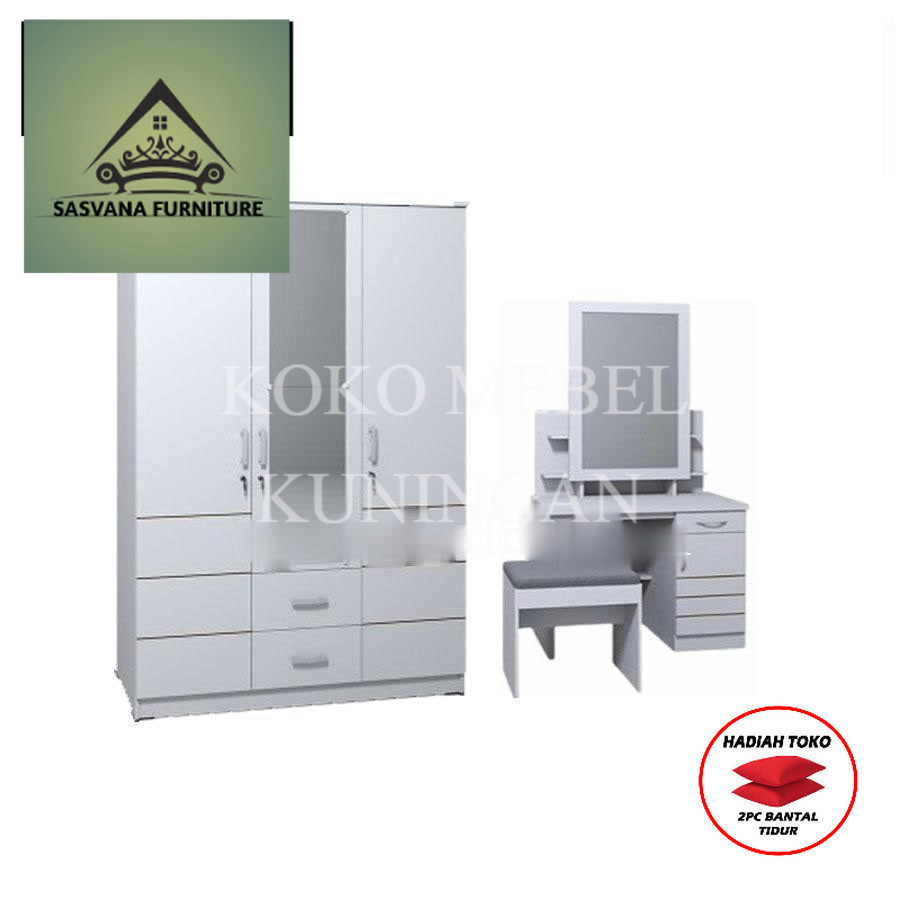 (FREE BANTAL TIDUR) PAKET LEMARI 3 PINTU ROMARO LACI DAN MEJA RIAS WARNA PUTIH ROMARO MEBEL TERLARIS