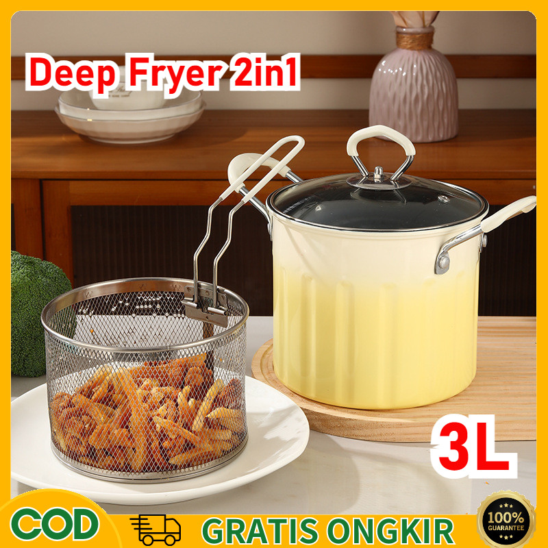【COD】2 in 1 Mini Deep Fryer Panci Penggorengan Kentang Saringan Minyak Multifungsi Penggorengan Rebu