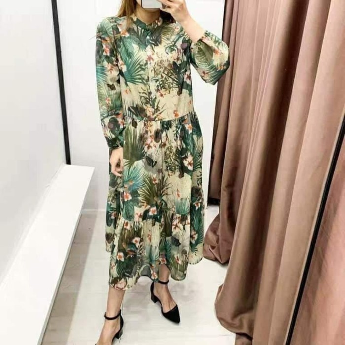 𝐑𝐄𝐀𝐃𝐘 𝐒𝐓𝐎𝐂𝐊 𝐒𝐀𝐅 - TROPICAL green floral midi dress long sleeve woman premium / dress gamis / dress l