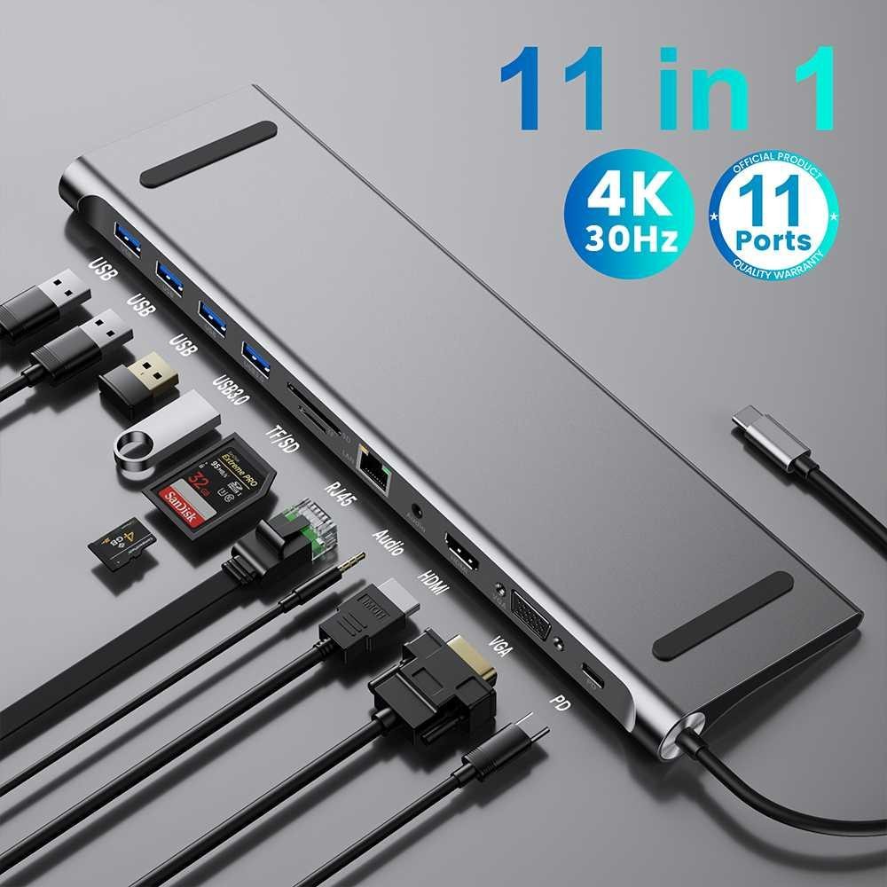 USB Hub Type C Adapter 11 in 1 HDMI 1080P AUX Card Reader