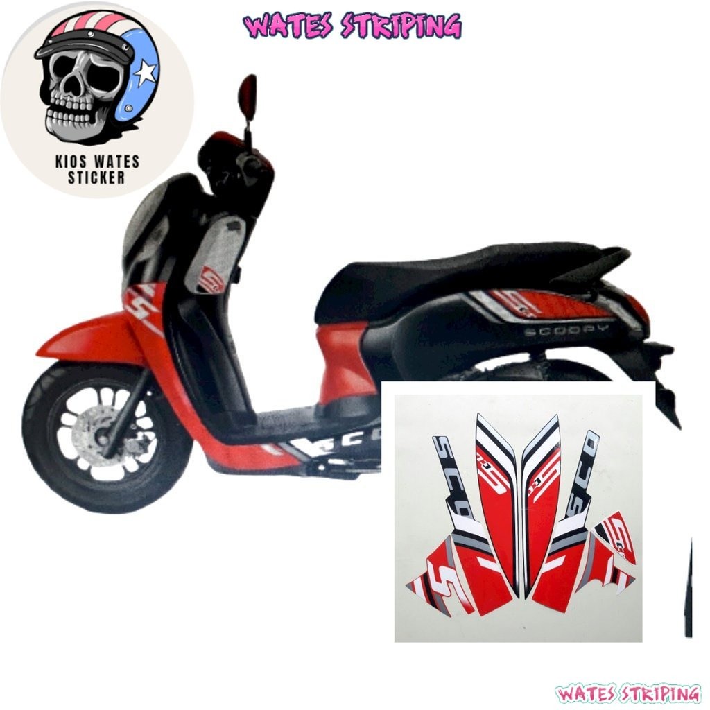 Striping Decal Polet Sticker motor Honda scoopy sporty 2022 2023 hitam-merah stiker list body motor