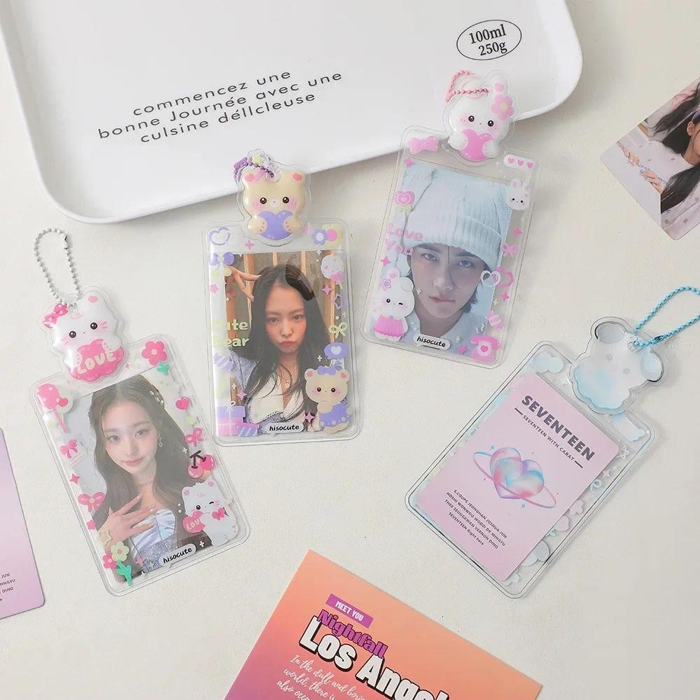 

1 Pc Transparent Cartoon Kpop Photocard Holder 3D Relief Sweet Animal Student ID Card Cover Case Key Ring Portable Bag Pendant