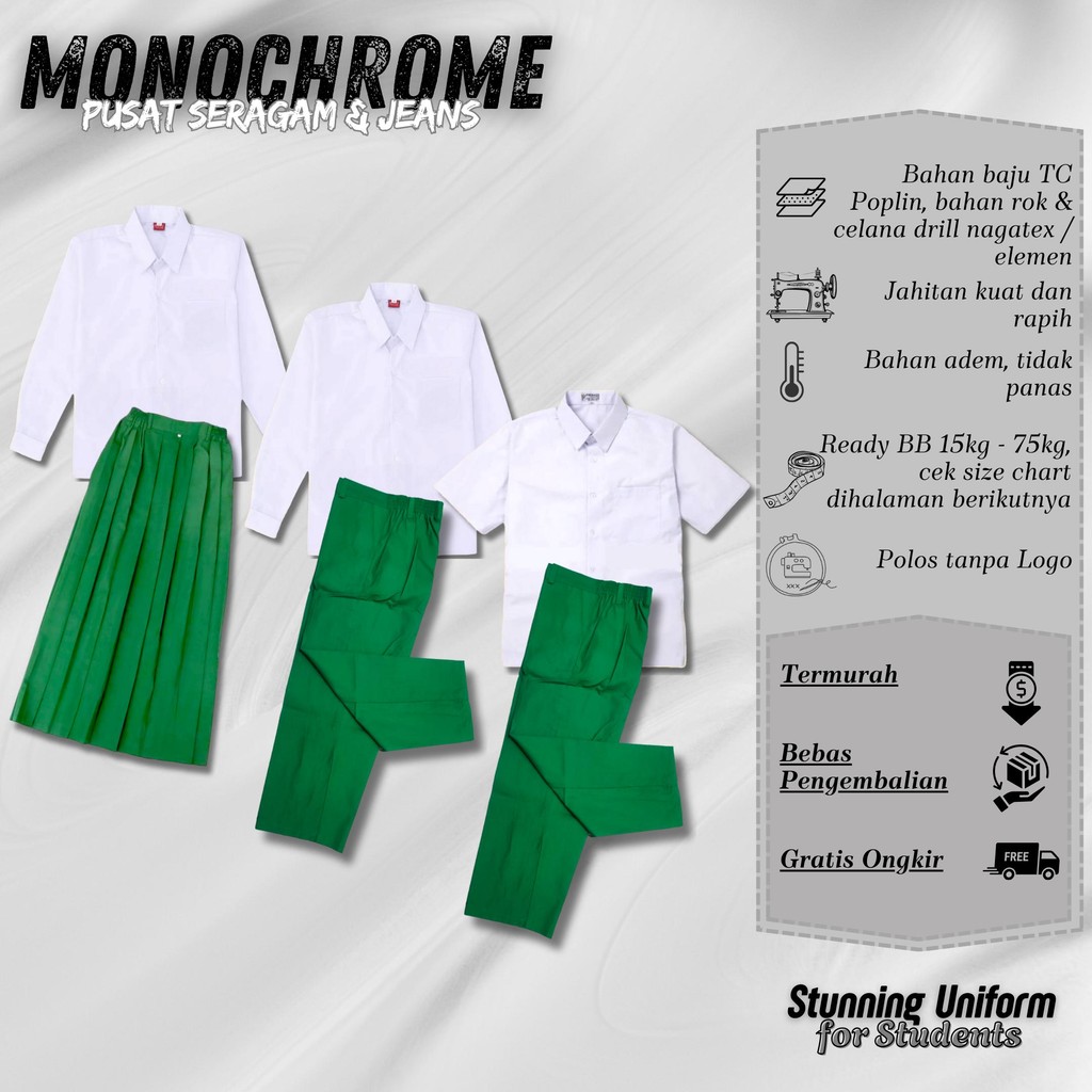 Setelan Seragam Sekolah Putih Hijau MI TK Baju Putih Polos Lengan Panjang Tangan Pendek Celana Panja