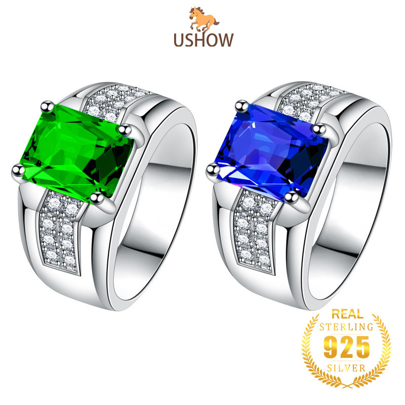 USHOW Cincin Zircon Platinum Dua Warna Safir Hijau Fashion