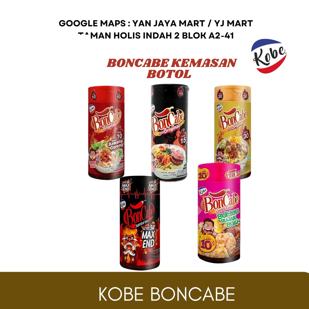 

Kobe BonCabe Sambal Tabur Level 10 / Level 15 / Level 30 / Level Rujak 10 [ 45 g ] / Level 50 MAX END [ 30 G ] BOTOL