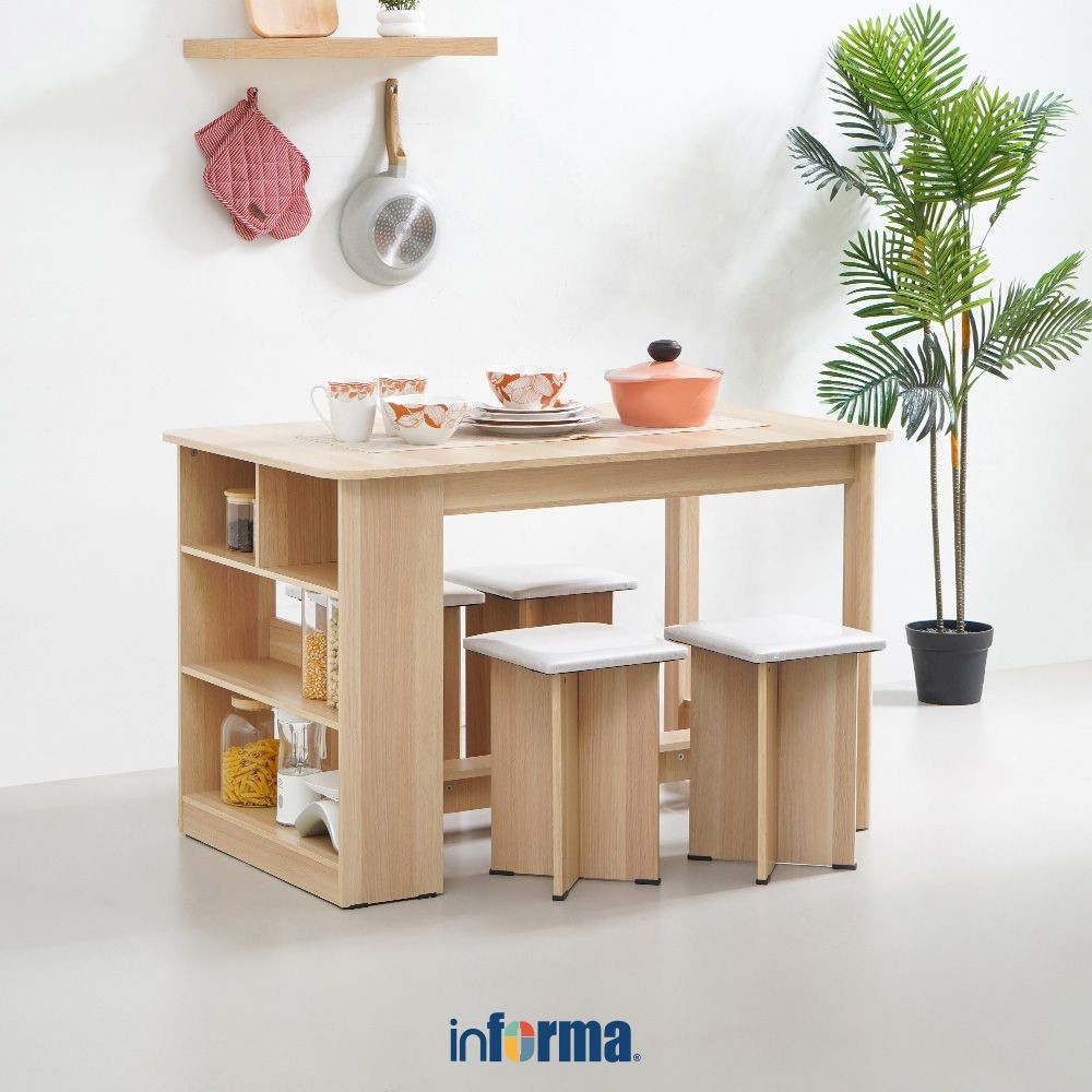 Informa Meja Dapur Multifungsi Dengan Stool - Cokelat Oak Kitchen Working Table Meja Masak Serbaguna