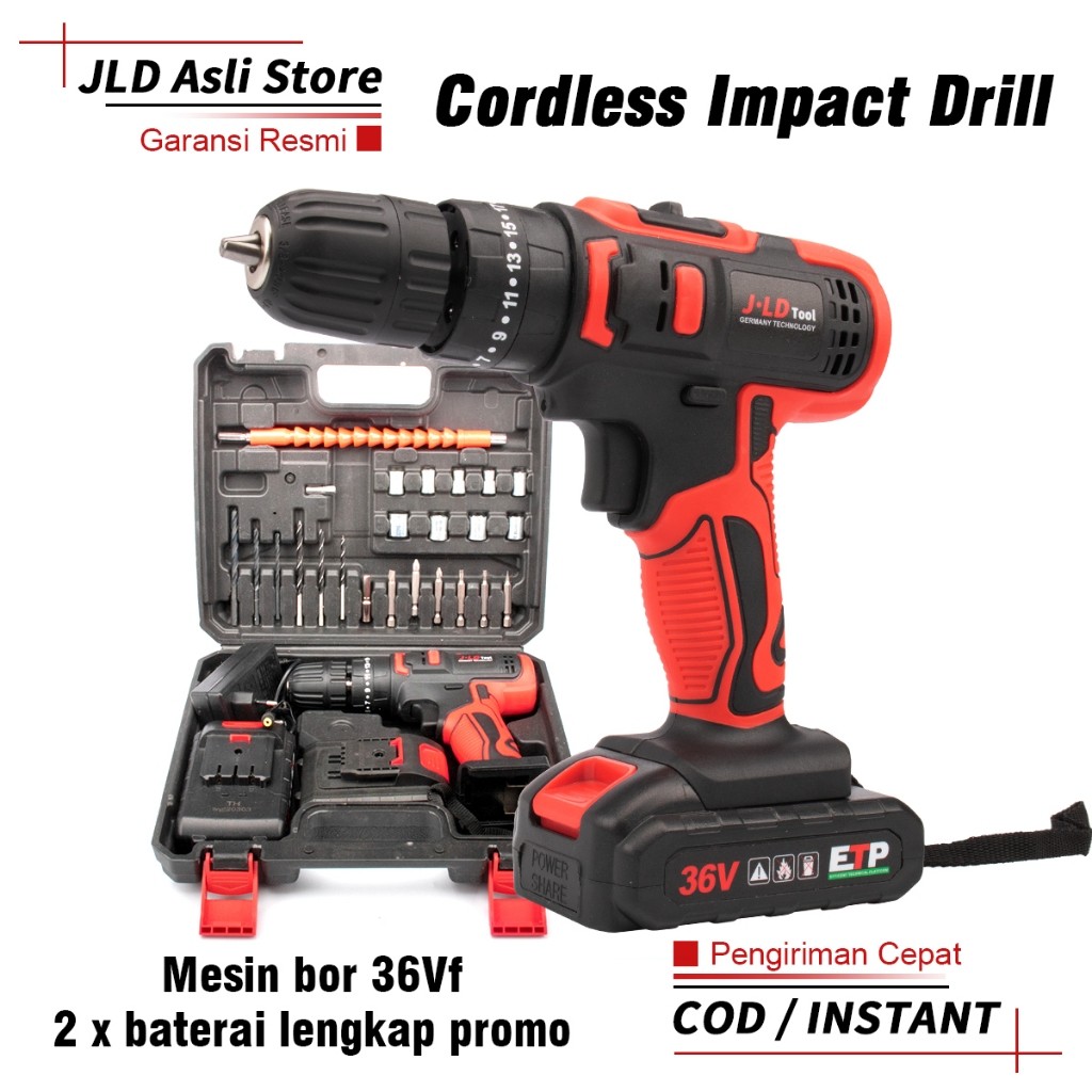 JLD 36Vf Mesin Bor Baterai Bor Cas jld 2 Batre Case 25+3 Bor Cordless Impact Drill Bor Tangan Bor Ba