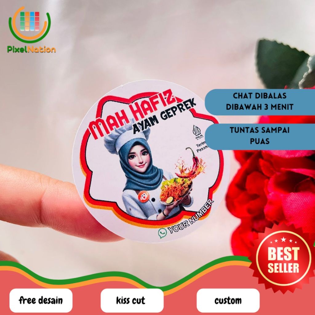 

PiNat 2-4 Cetak Stiker Makanan Ayam Geprek Goreng Bulat Chromo Sticker Label Box Kardus Custom