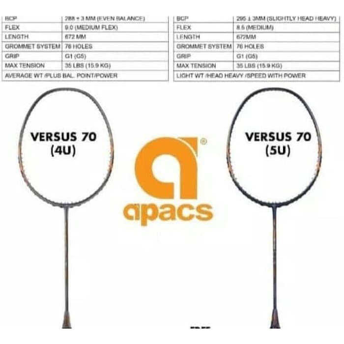 MB99 Raket Badminton APACS VERSUS 70 - ORIGINAL 4U DAN 5U TENSION 35LBS - 5U