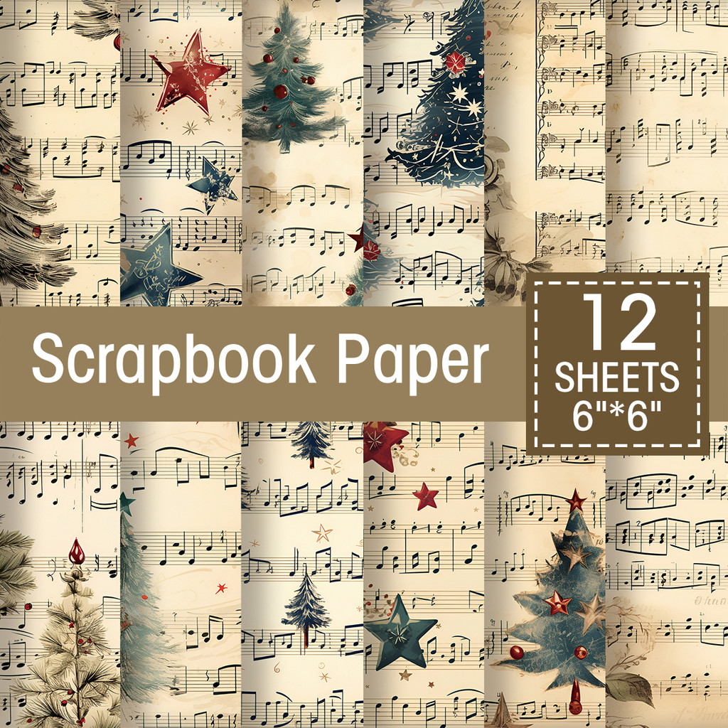 

Vintage Christmas Scrapbook Paper Pad,6"×6” Christmas Music Sheet Decorative Craft Paper for Junk Journal,DIY Cardmaking,Planner