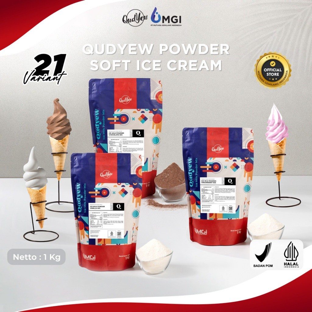 

Mutiaragemilang.id Qudyew Ice Cream Powder 1 Kg Bubuk Es Krim 1Kg Premix MGI Soft Ice Cream Powder