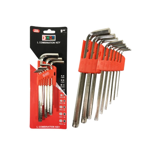 HDT Kunci L Set 9 Pcs 1,5 - 10 mm Kombinasi Plat dan Bintang Lubang