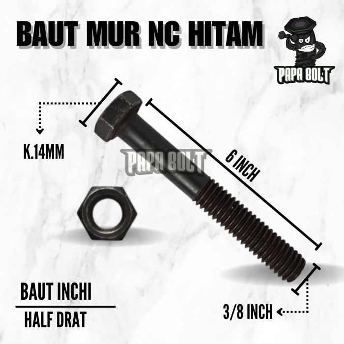 Baut Mur Hex NC INCHI Hitam 3/8" x 6" UNC 14 (Kunci 16)
