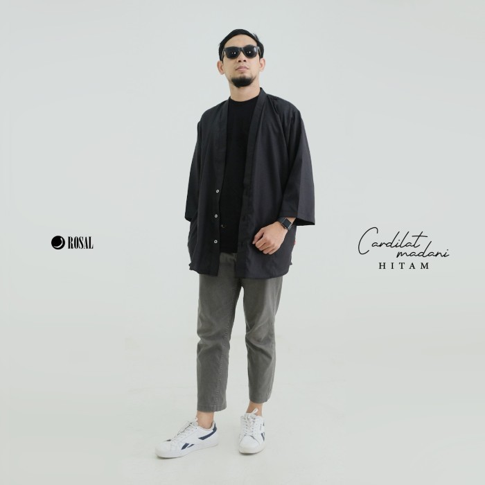 TERBARU - Cardilat Madani ROSAL - Cardigan Pria Blazer Jas Sholat Polos Kasual - Hitam, XL
