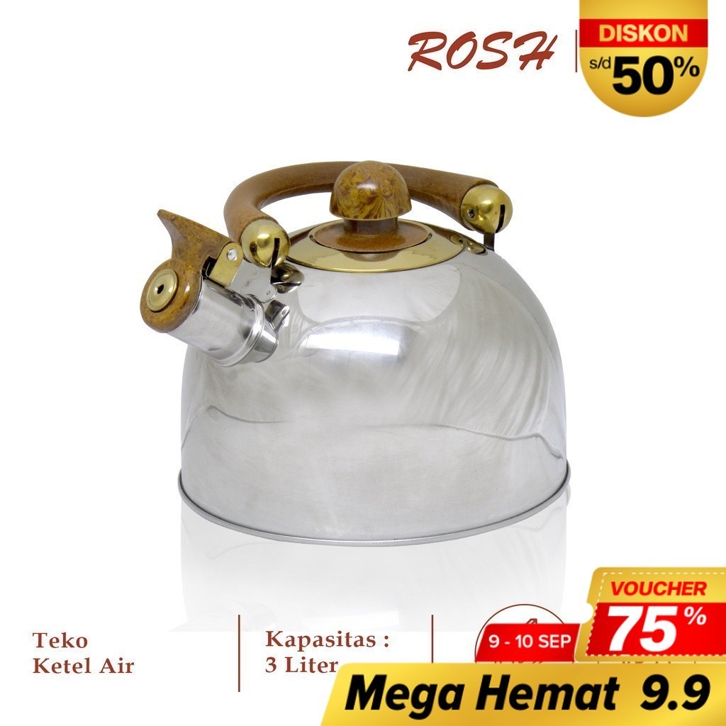 Teko / Ketel / Ceret 3 Liter Whistling Kettle Wooden Stainless Steel Anti Karat