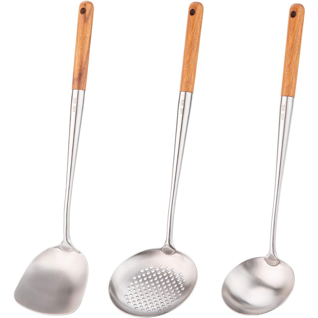 Wok spatula and ladle,Skimmer Ladle Tool Set, 17inches spatula for wok, 304 Stainless Steel wok spat