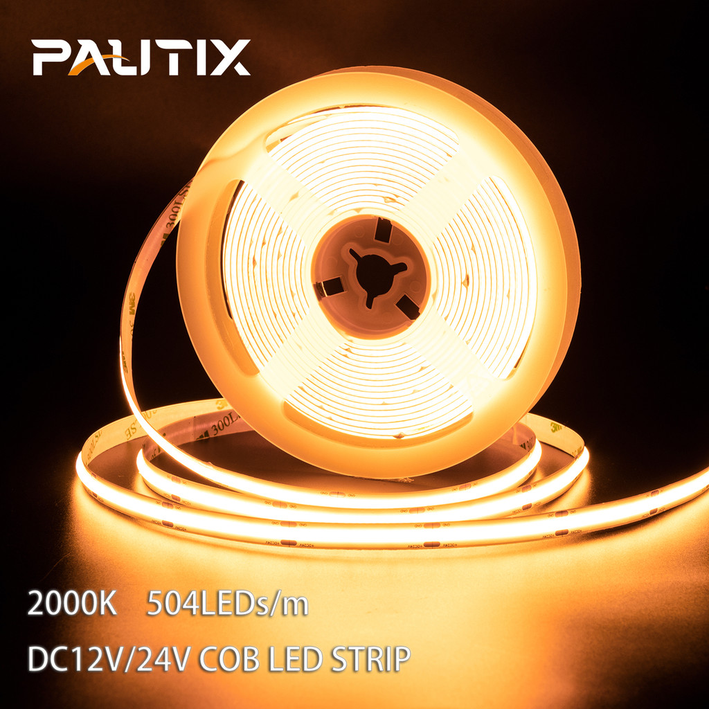 PAUTIX 5M 2000K COB LED Strip Lights 12V/24V 504 LEDs/m High Brightness Dimmable Flexible cob Led Li