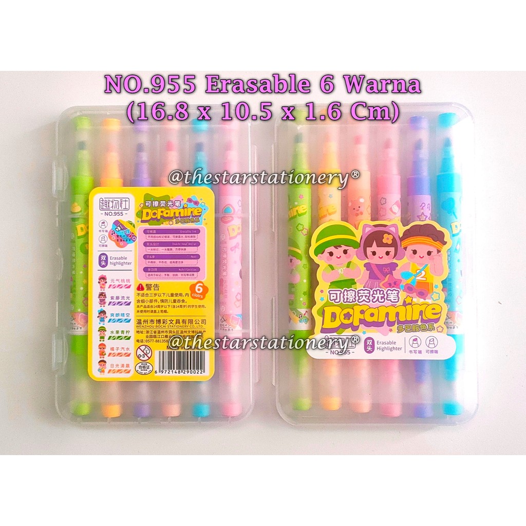 

(1 Set Isi 6 Pcs) GROSIR Erasable Highlighter NO.955 Dual Tip / Erasable Highlighter GXIMP NO.955