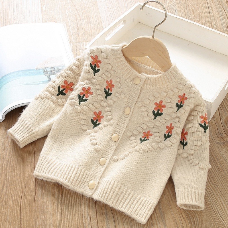 Kids Baby Girls Cardigan Sweater Coat Autumn Winter Fashion Flower Jacquard Cable-Knit Girls Knitted
