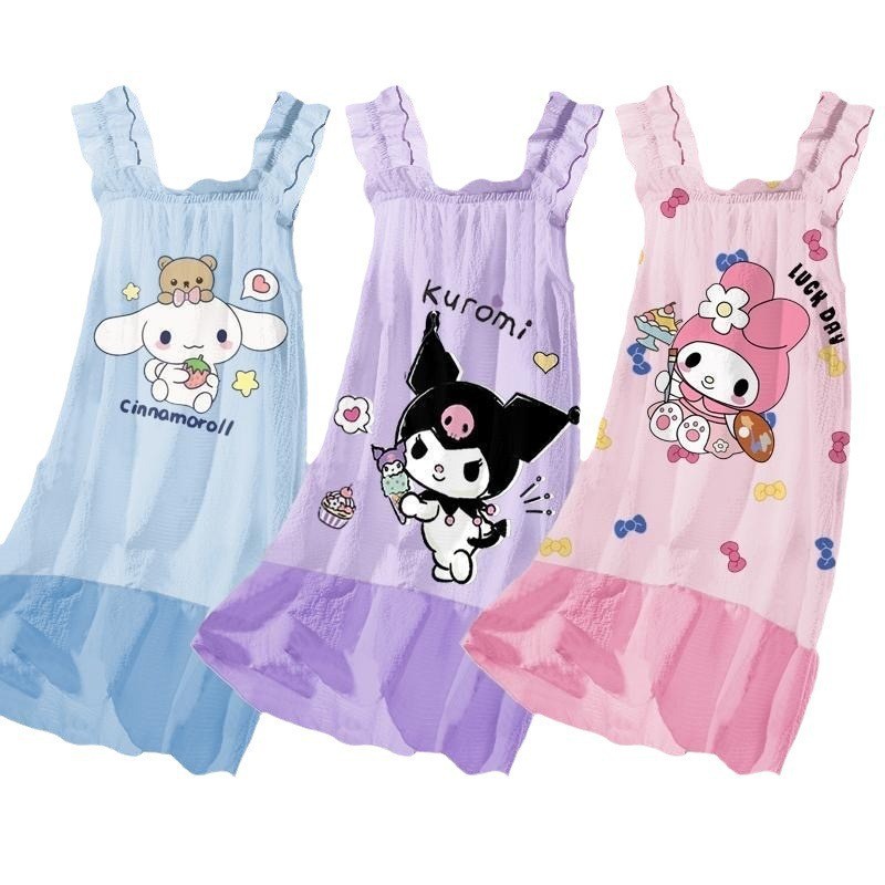 2024 Summer Girls' Nightwear Kuromi Cartoon Pattern Printed Cute Sling Dress Girls' Breathable Pajam