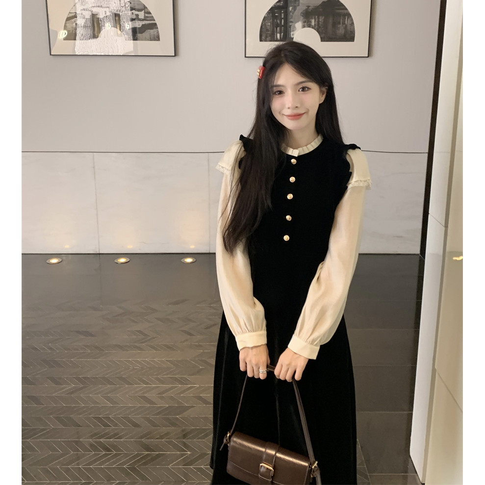 plus Size Women's French Style Chanel Style Long Sleeve Velvet Dress Black