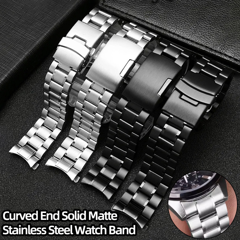 Curved End Solid Matte Stainless Steel Wat Band For Seiko Citizen Casio Timex 20mm 22mm Black Metal 