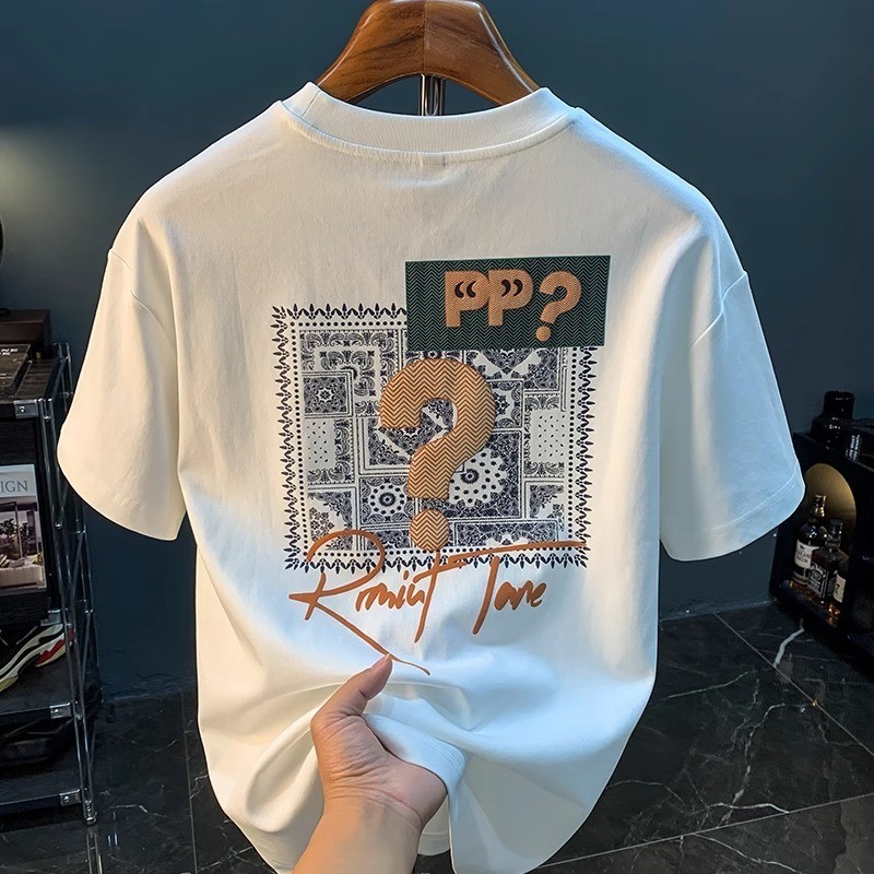 Kaus Katun Berat Baru Kaus Cetak Trendi Tipis Musim Panas 2024 Atasan Lengan Pendek Katun Xinjiang T