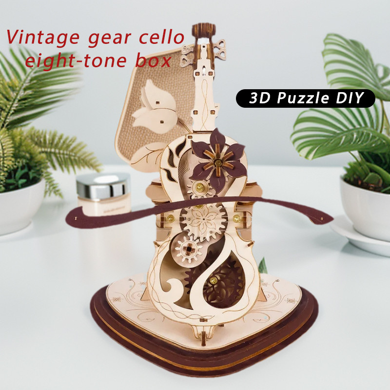 3D Wood Puzzle DIY Assembly Magic Cello Mechanical Music Box Moveable Stem Funny Creative Music Inst