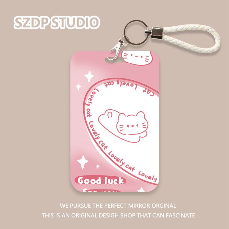 

ID CARD penutup pelindung gantungan kunci all-in-one pola kucing cinta merah muda kawaii lucu penutup pelindung kartu bank kartun Korea penutup pelindung kartu ID kartu bus