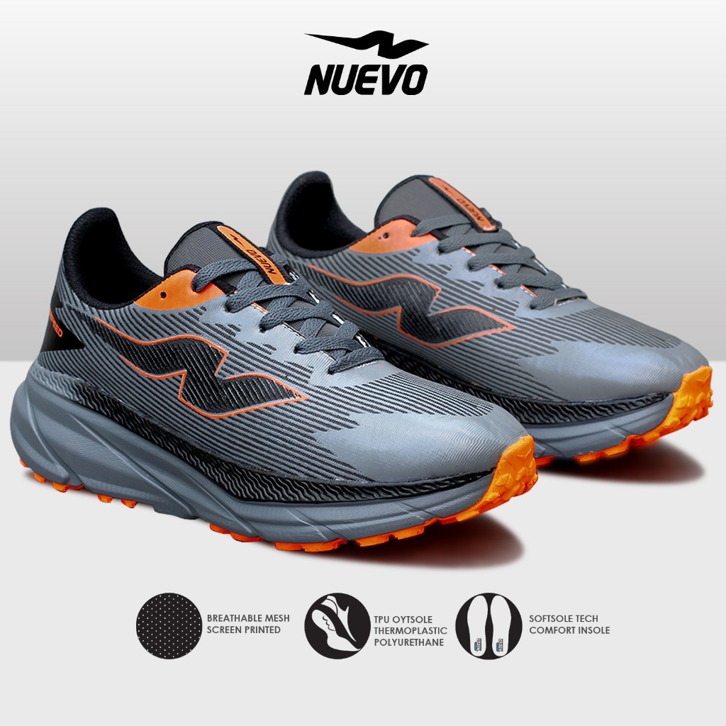 NUEVO - Sepatu Running Nuevo Crosspeed Grey/Oren Olahraga Lari Pria Trial Sneakers Casual Sport Shoe