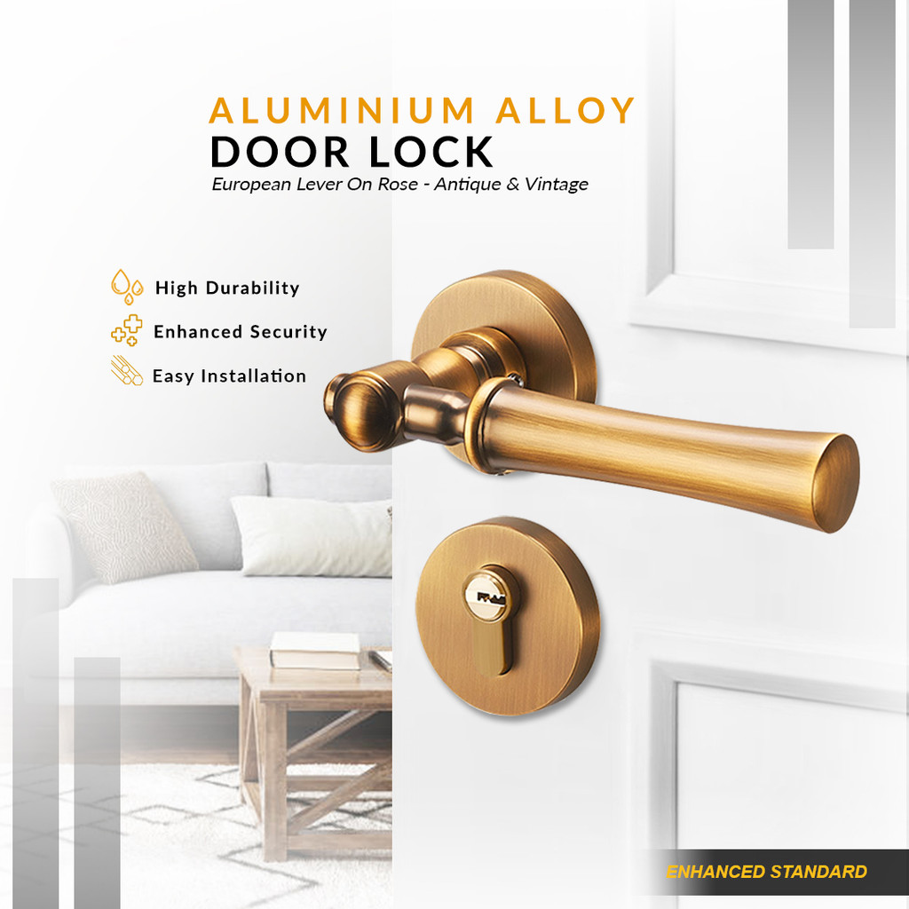 KP-13 Kunci Pintu Pisah Antik Handle Bulat Gold Aluminium