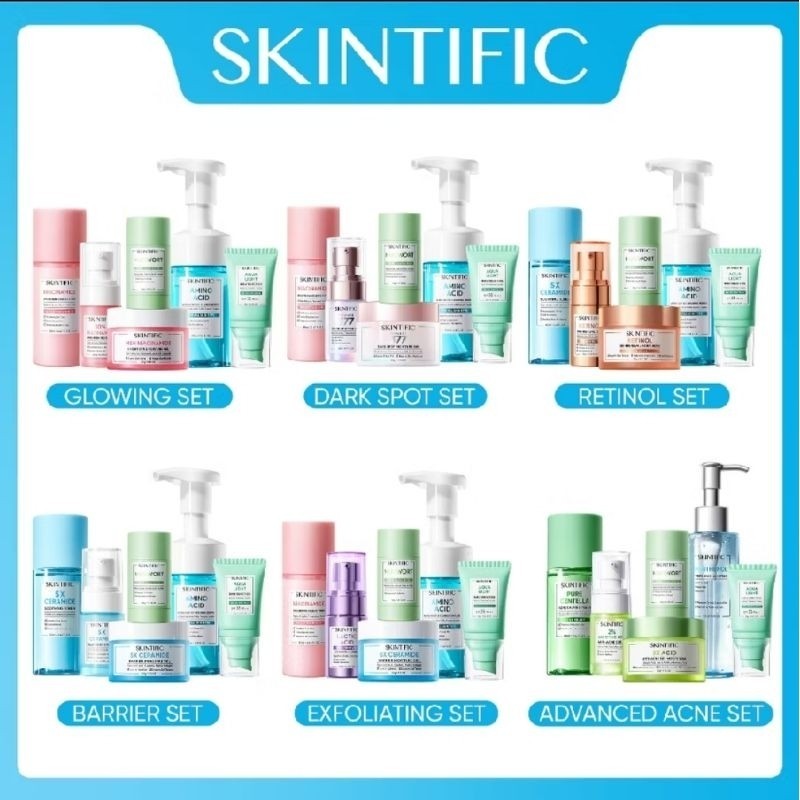 SKINTIFIC-6Pcs Paket-Skincare Set | Serum Moisturizer Gel Toner Sunscreen Cleansing Mousse | Glowing