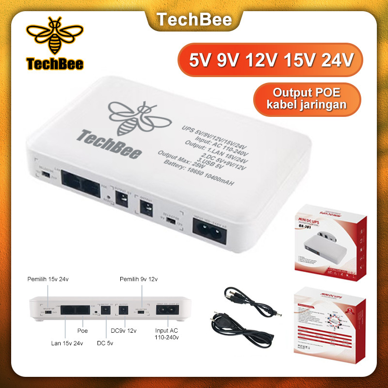 TechBee UPS Router Poe DC 10400mAh 5V/9V/12V/15V/24V 2A Power Supply UPS Mini UPS Wifi CCTV
