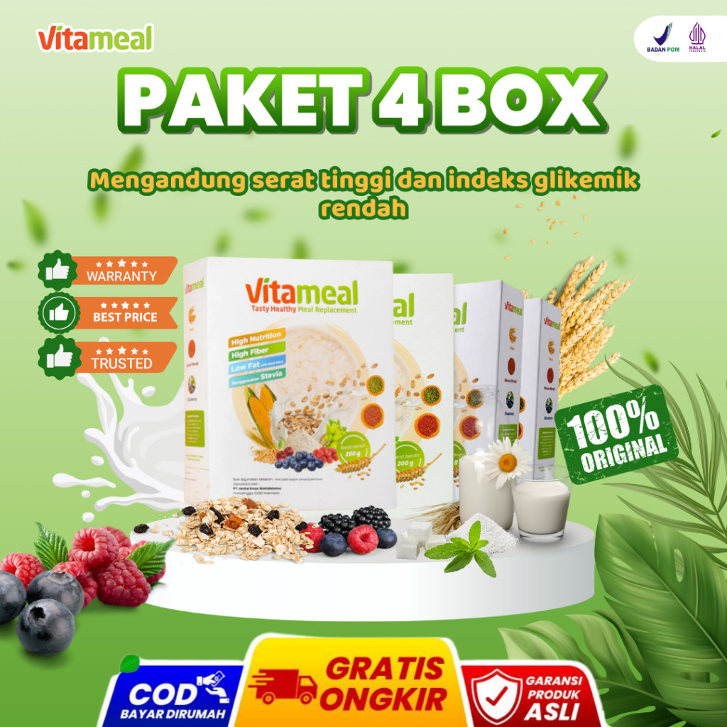 

PAKET 4 BOX VITAMEAL sereal vitameal sereal sehat sereal diet sereal diabetes kolesterol sereal gerd asam lambung