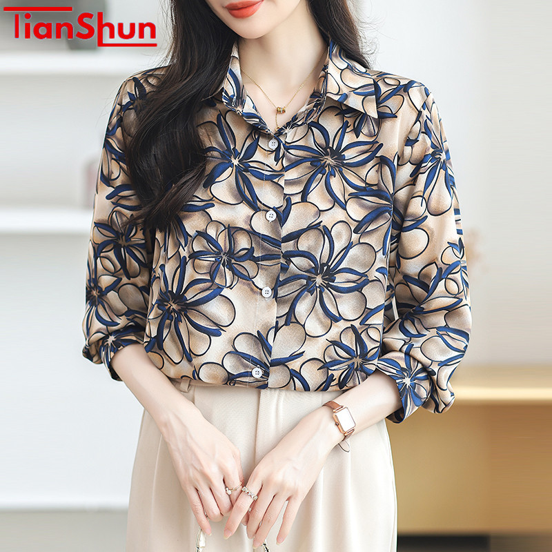TianShun OL Kasual Versi Korea Lengan Panjang Temperamen Pola Biru Fashion Longgar Kemeja Wanita
