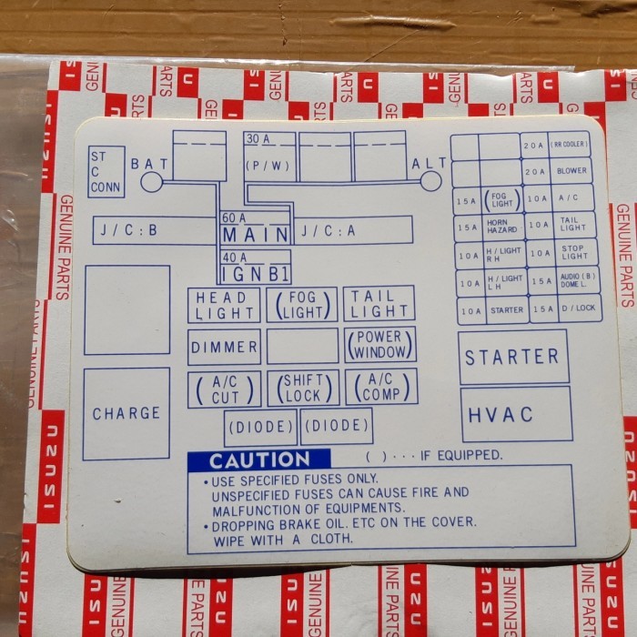 Part cod Stiker Box Sekring CAUTION PLATE FUSE PA160 ISUZU Panther Kapsul
